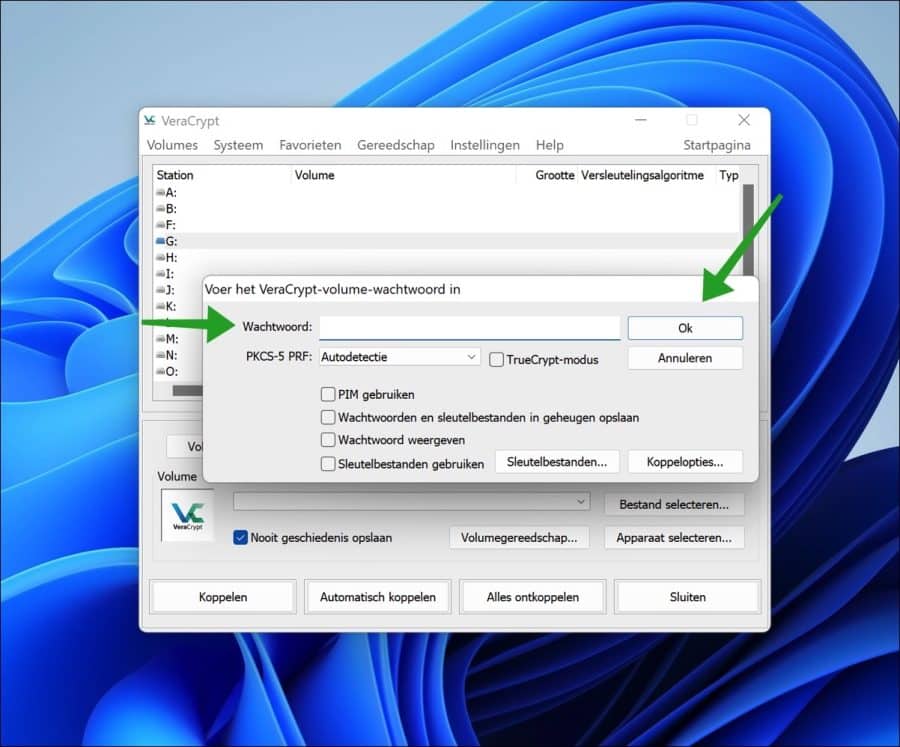 Wachtwoord ingeven voor versleutelde schijf in VeraCrypt