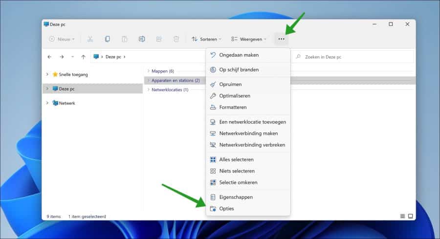 Options du dossier ouvert de l'explorateur Windows 11