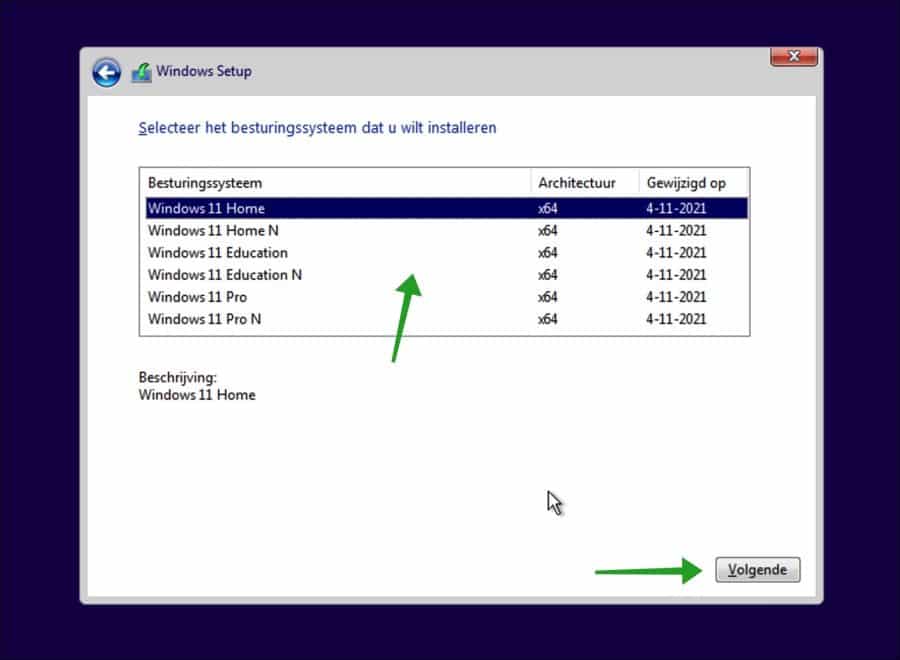 Windows 11 versie selecteren om te installeren