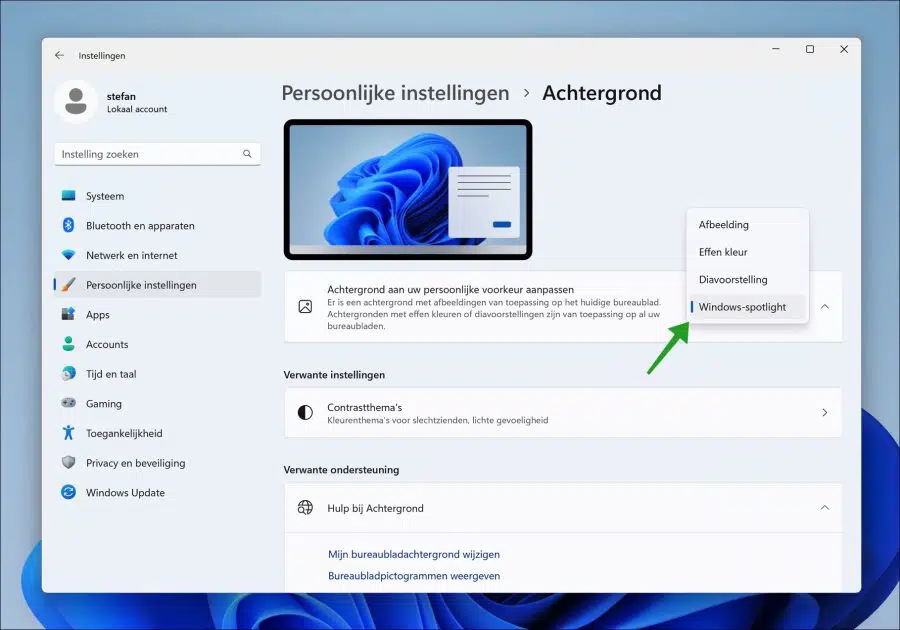 Windows Spotlight achtergrond in Windows 11 22h2
