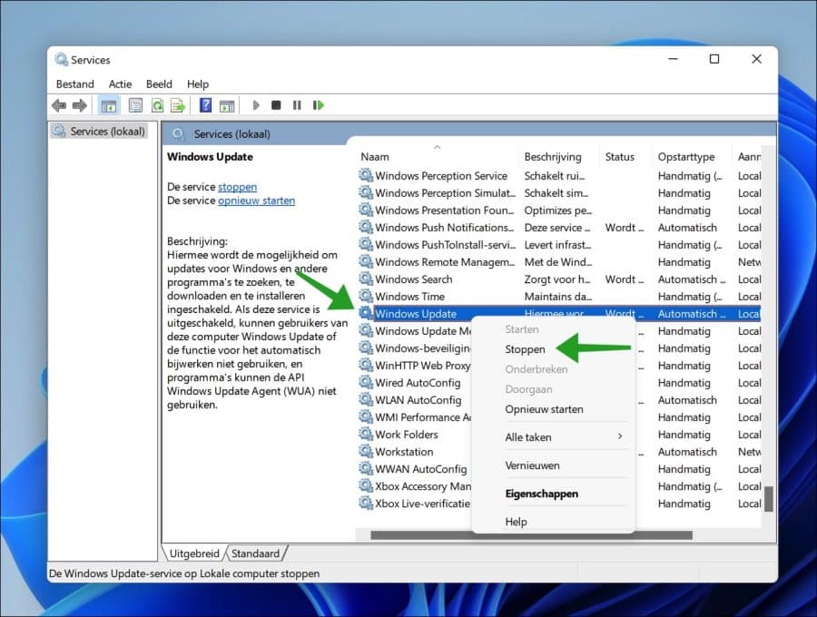 Windows update service stoppen