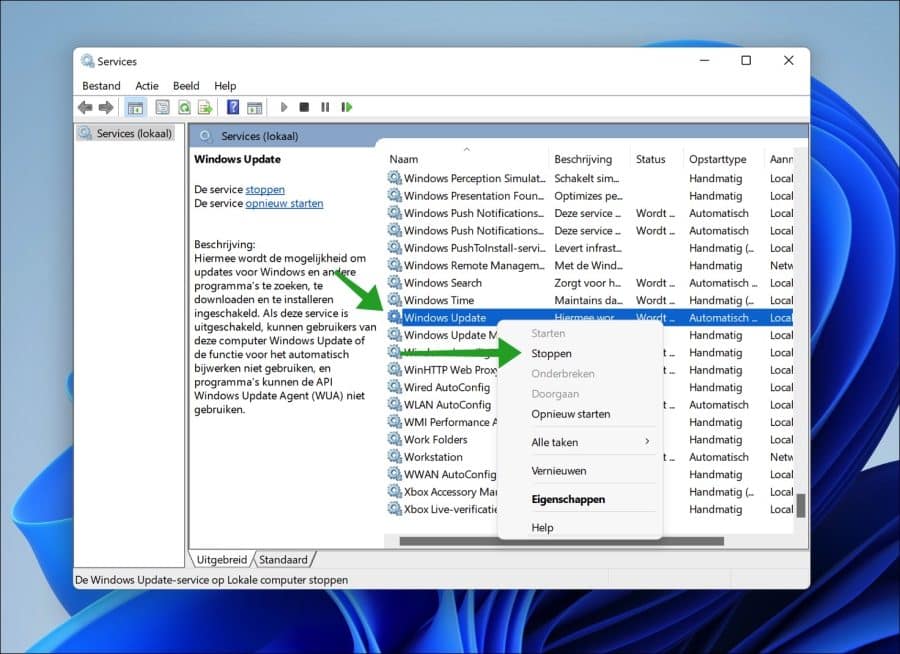 Windows update service stoppen