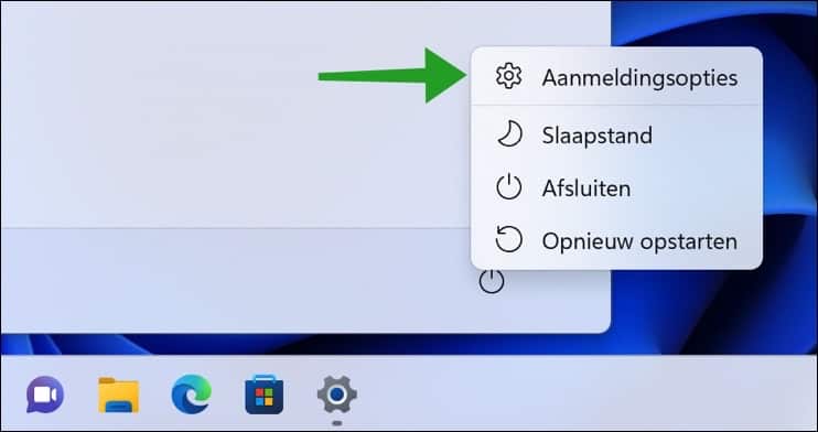 aanmeldingsopties in het 22h2 start menu