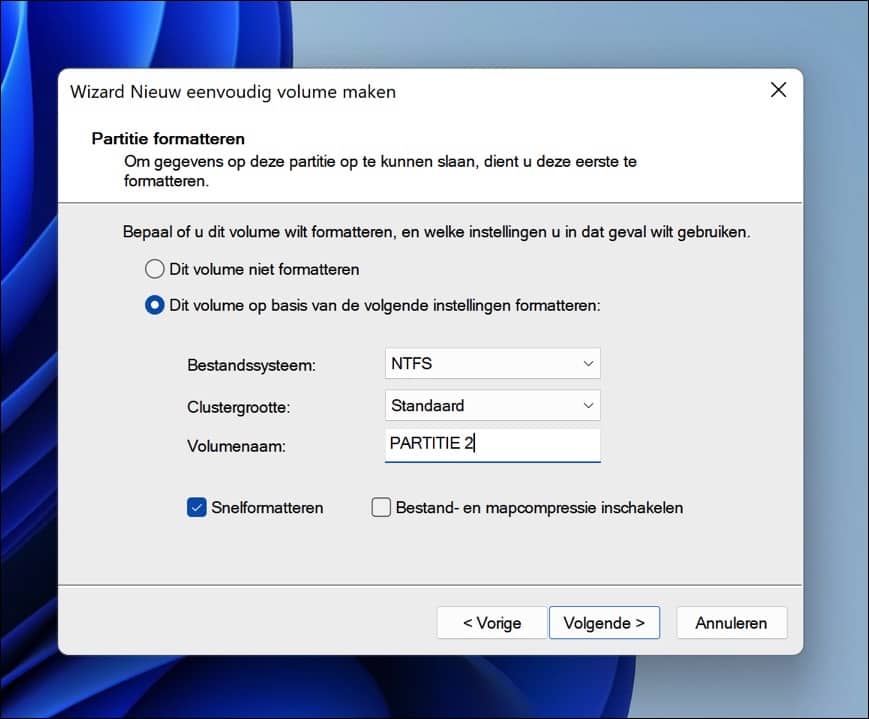 opnieuw volumenaam en bestandssysteem ingeven