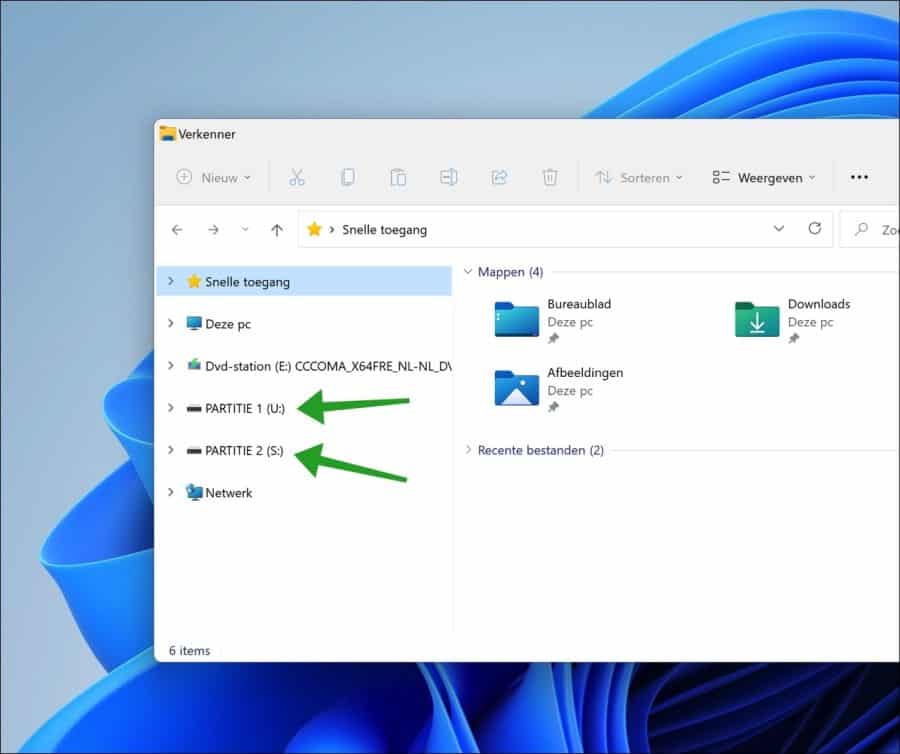 twee nieuwe USB partities zichtbaar in de windows verkenner