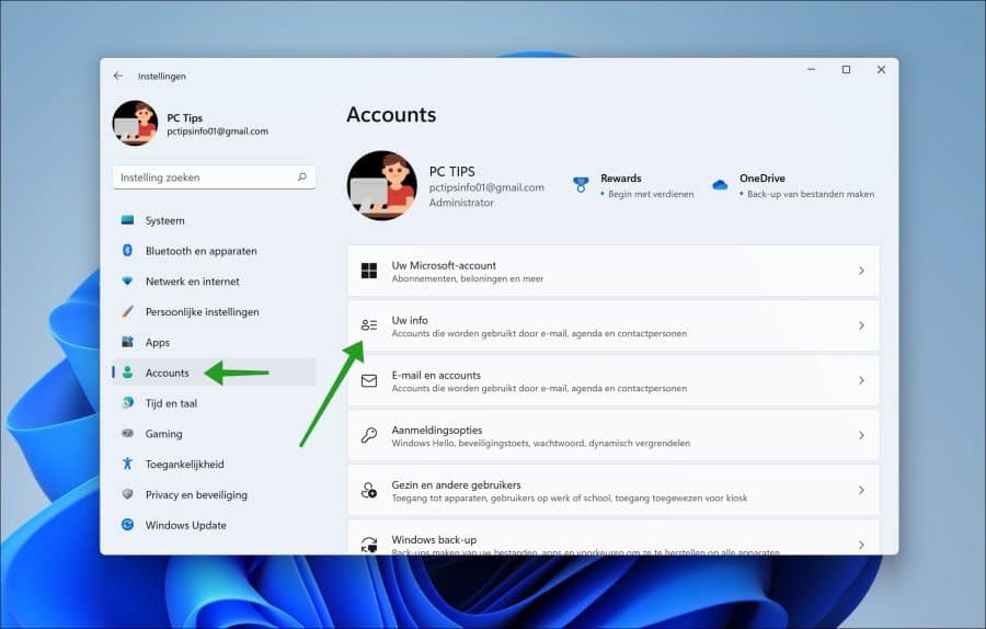 Account informatie in Windows 11