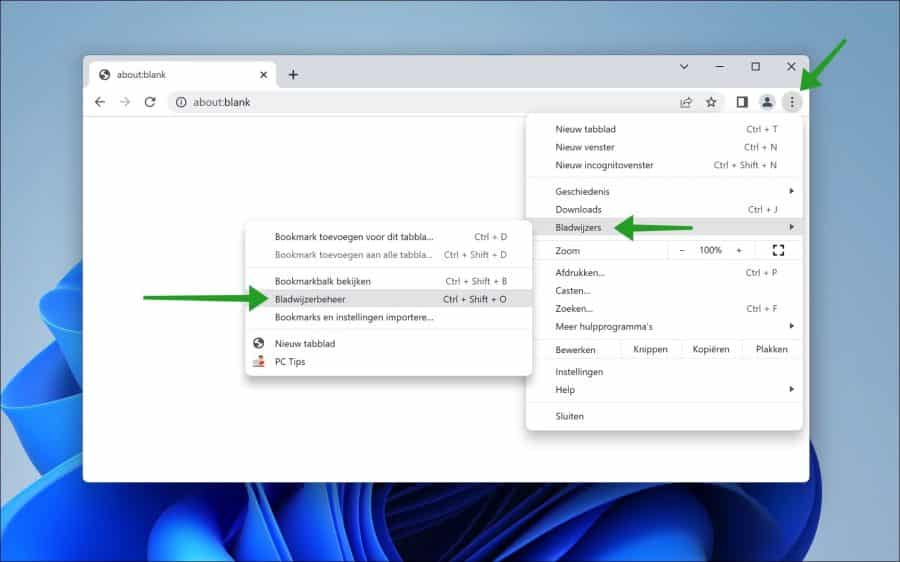 Open bookmark manager in Google Chrome