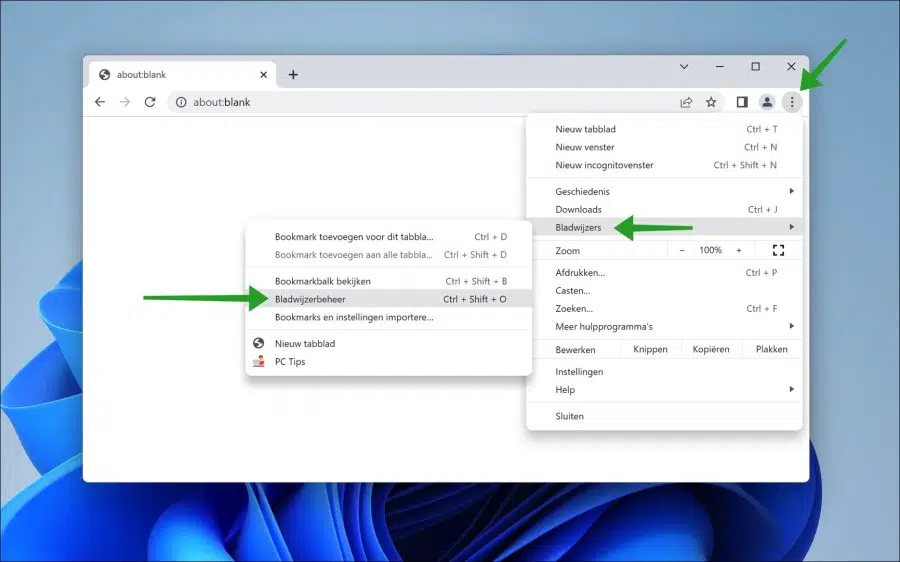 Bladwijzer beheer openen in Google Chrome
