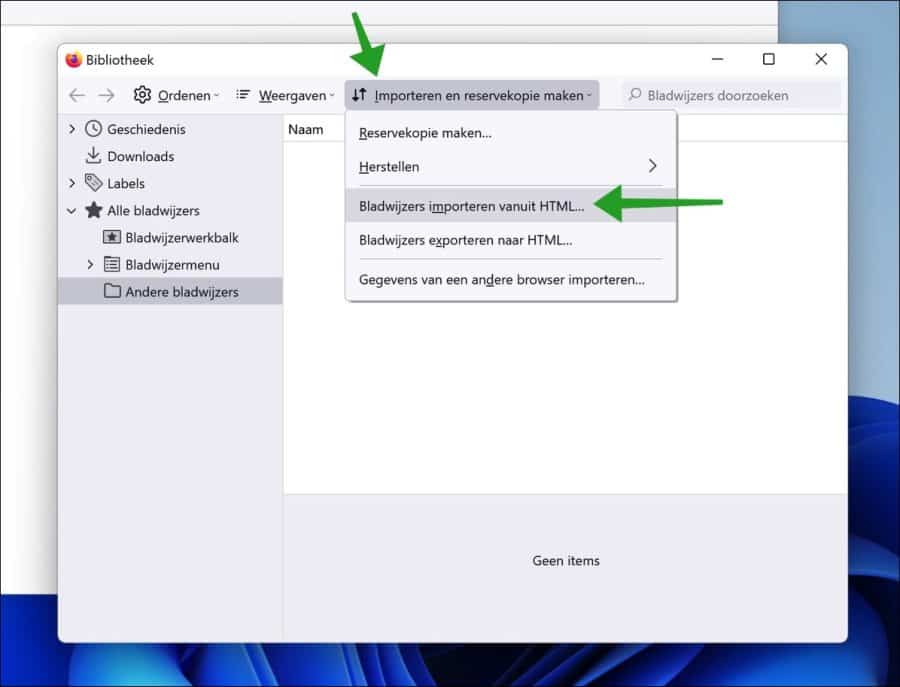 Bladwijzers importeren vanuit HTML-bestand