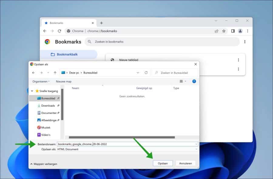 Bookmarks uit google chrome opslaan als HTML bestand