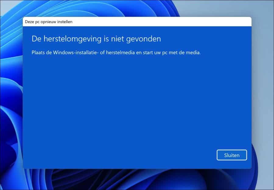 De herstelomgeving is niet gevonden