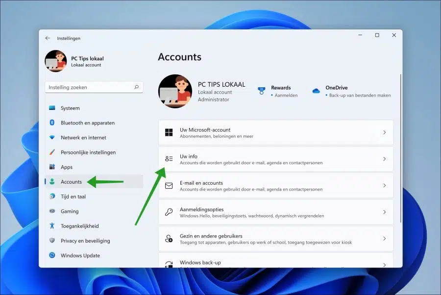 Gebruiker account opties in Windows 11