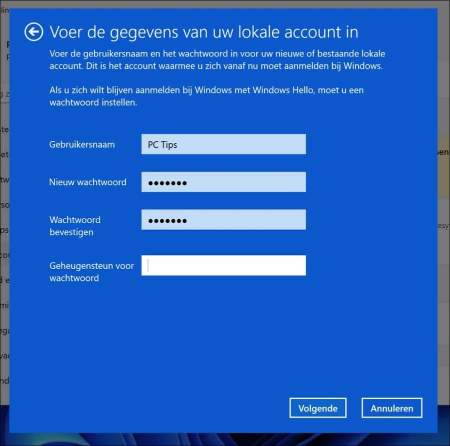 Gegevens invoeren voor het nieuwe lokale account