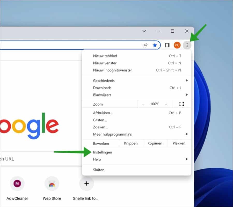 Google Chrome instellingen openen