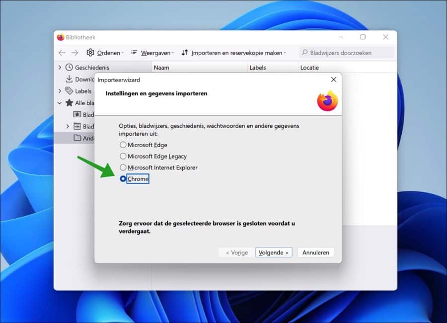 Import wizard to import bookmarks from Google Chrome