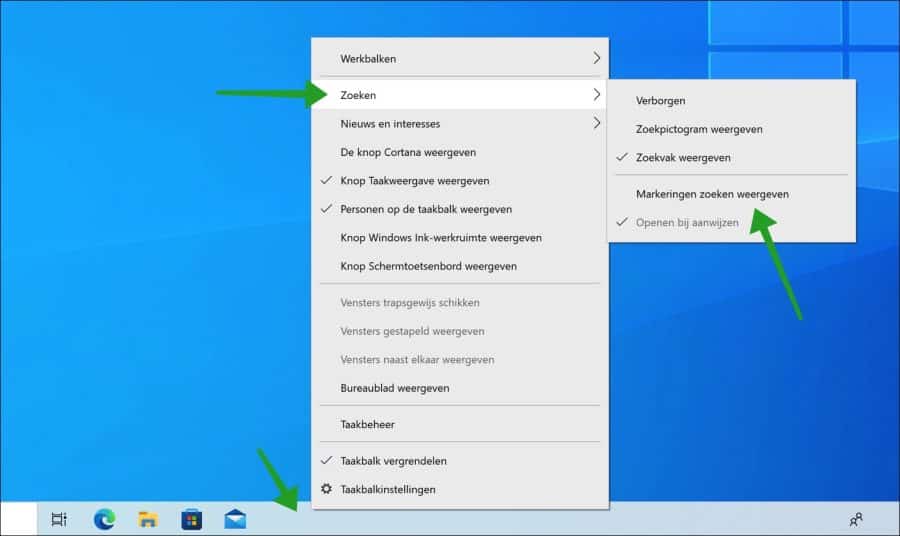 Markeringen zoeken weergeven uitschakelen in Windows 10