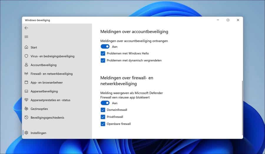 Meldingen over accountbeveiliging en meldingen over de windows firewall