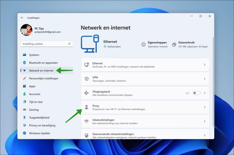 Proxyserver instellingen openen in Windows 11