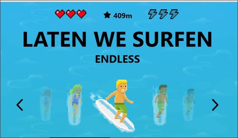 Speel het Surf spel in de Microsoft Edge browser (Easter egg)