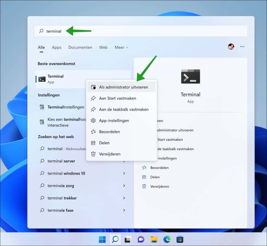 Terminal openen als administrator via zoeken