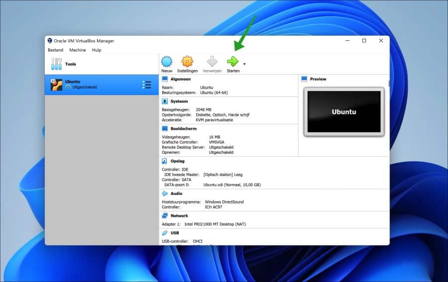 Ubuntu virtuele machine starten