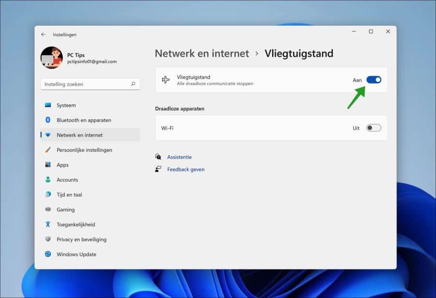 Vliegtuigstand inschakelen in Windows 11