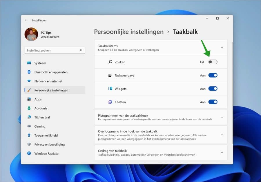 Zoeken verbergen in de Windows 11 taakbalk