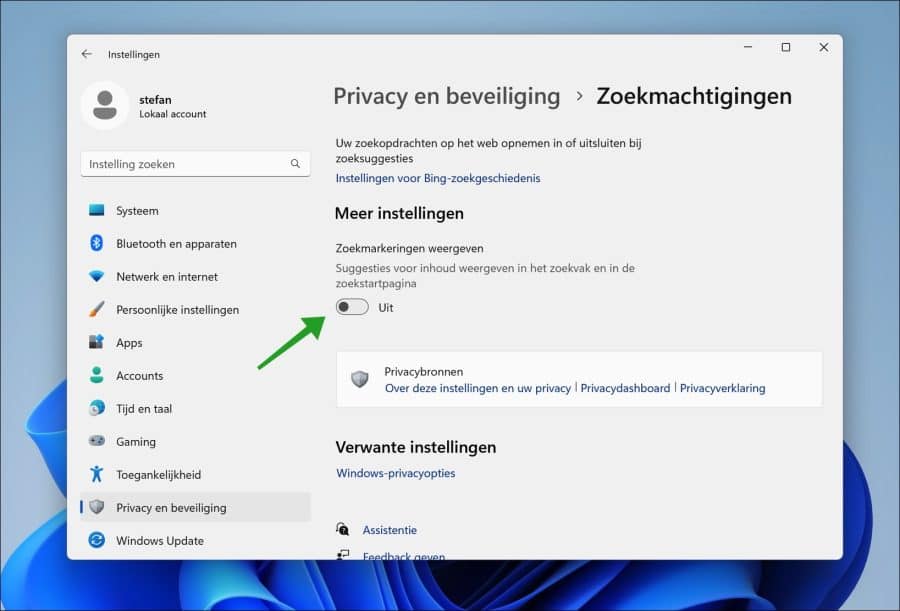 Zoekmarkeringen uitschakelen in Windows 11