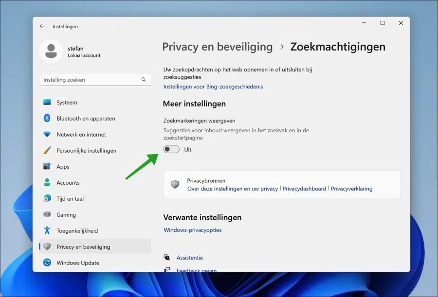 Zoekmarkeringen uitschakelen in Windows 11