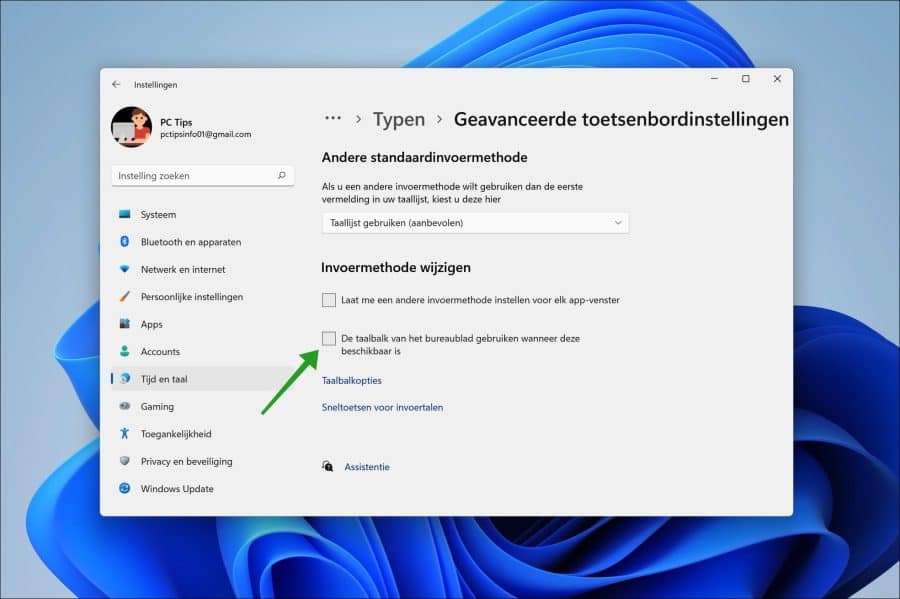 De taalbalk van het bureaublad gebruiken wanneer deze beschikbaar is