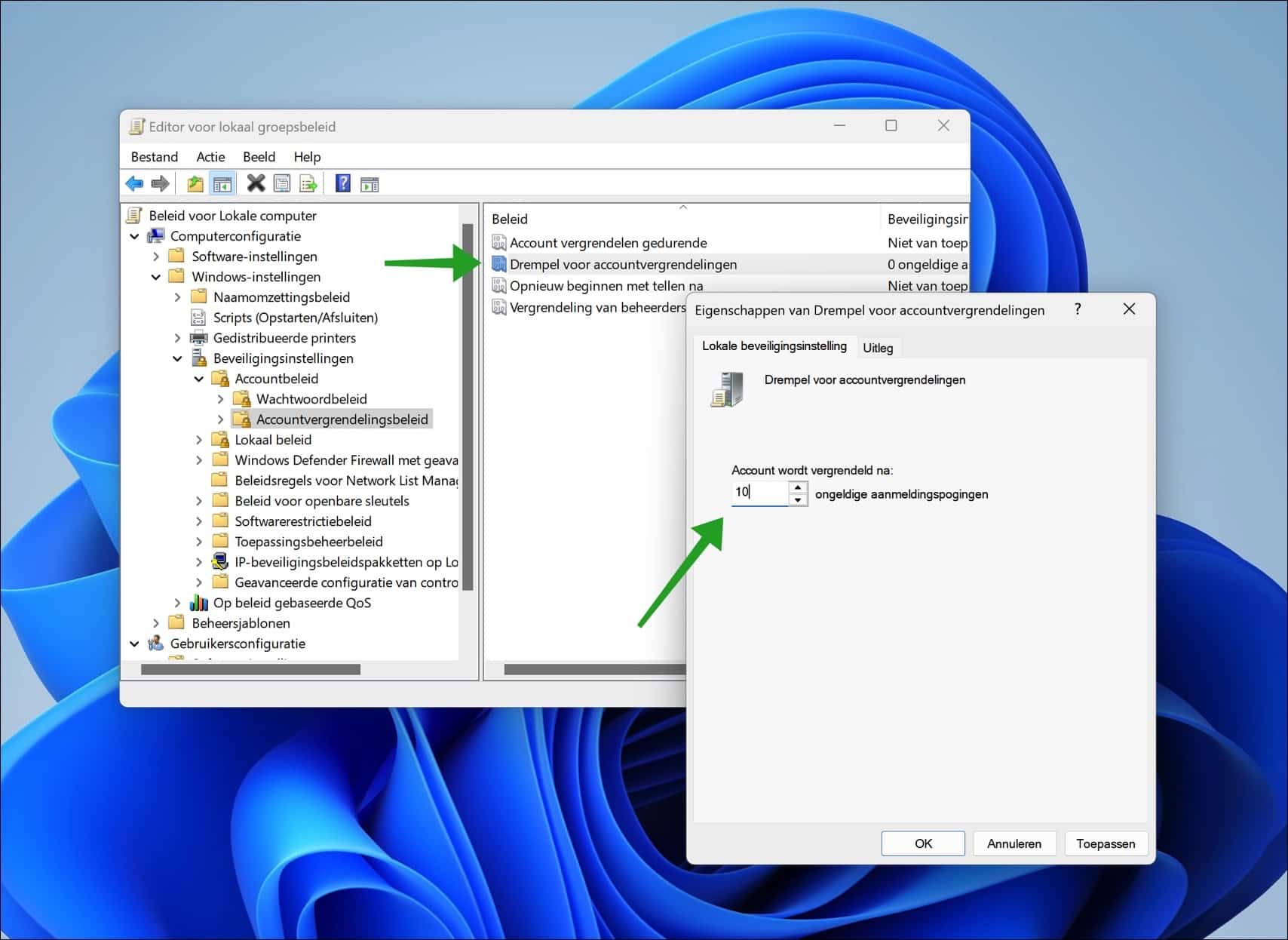 Drempel voor accountvergrendelingen wijzigen in Windows 11