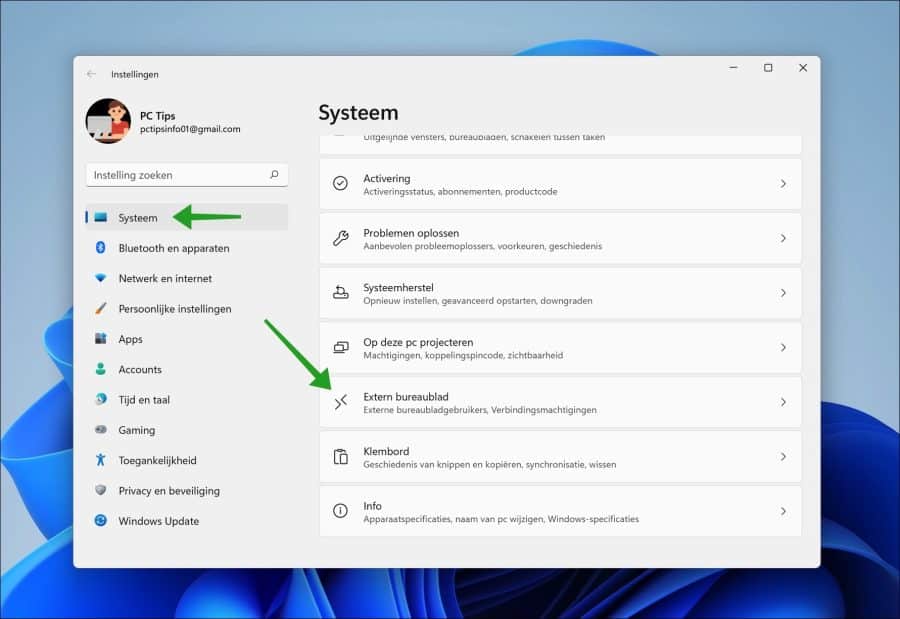 Extern bureaublad instellingen in Windows 11