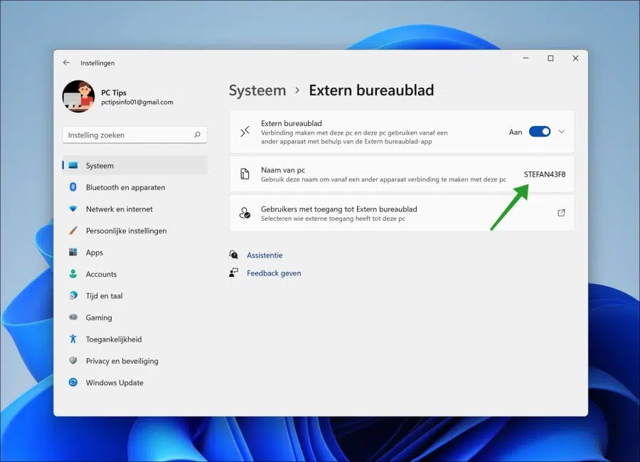 Extern bureaublad - naam van de PC