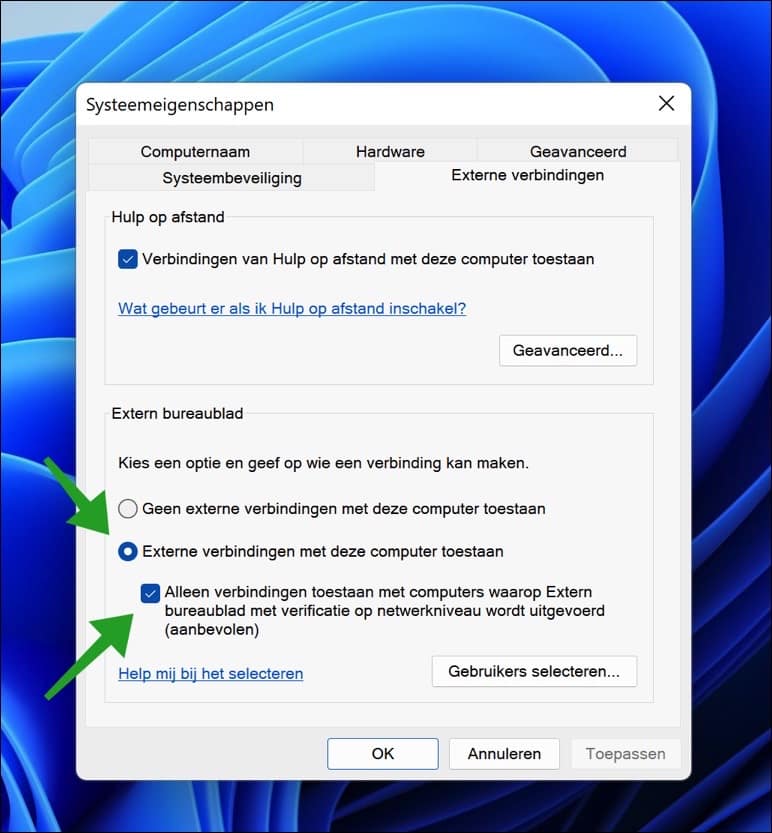 Externe verbindingen met deze computer toestaan