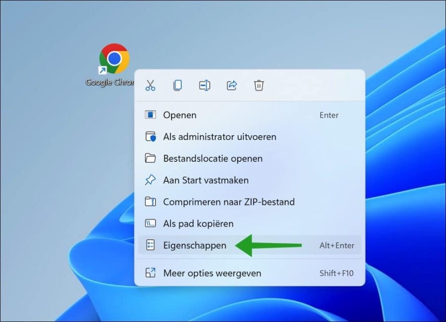 Google Chrome snelkoppeling eigenschappen