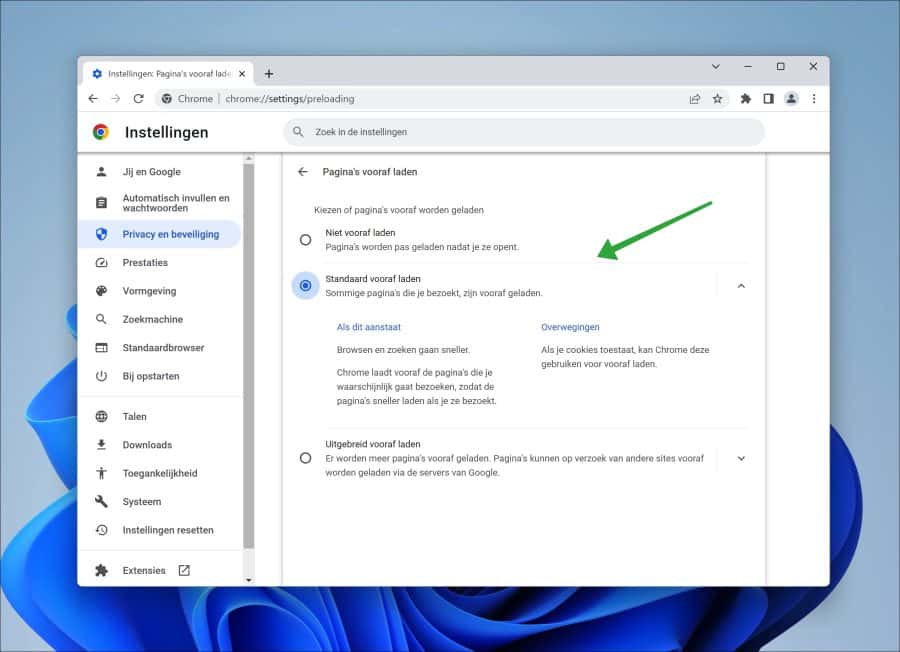 Instellingen voor vooraf laden in Google Chrome