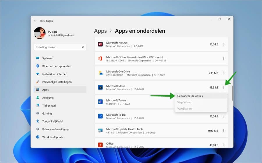 Öffnen Sie die erweiterten Optionen des Microsoft Store