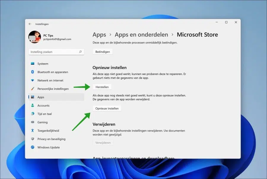 Microsoft Store opnieuw instellen
