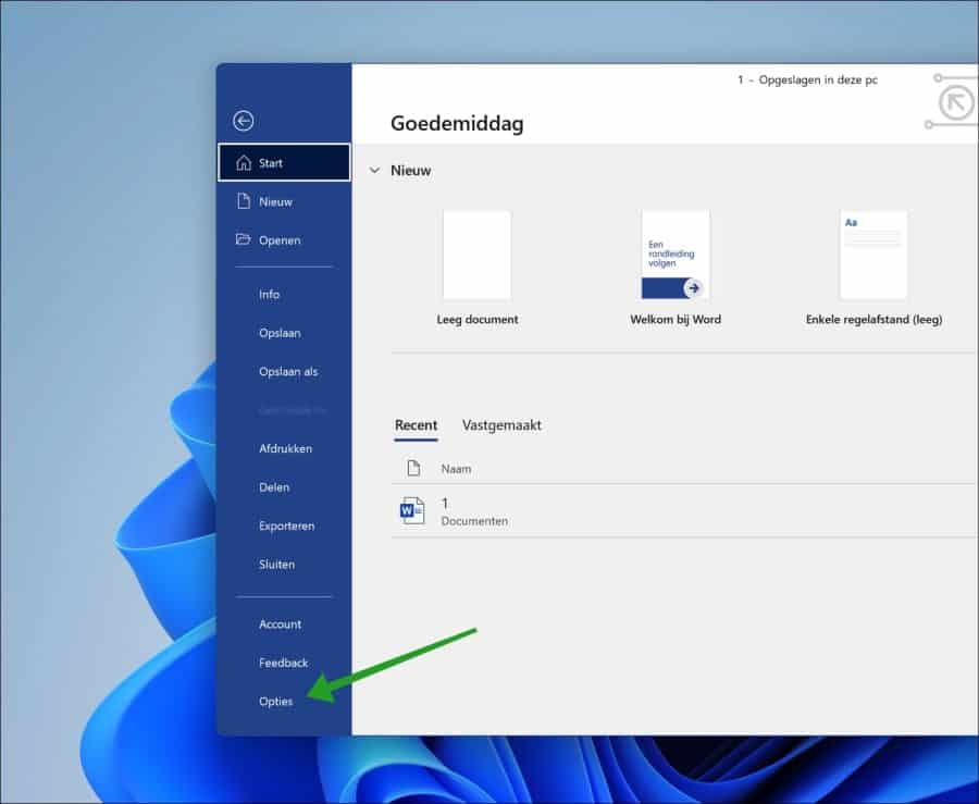 Microsoft Word opties
