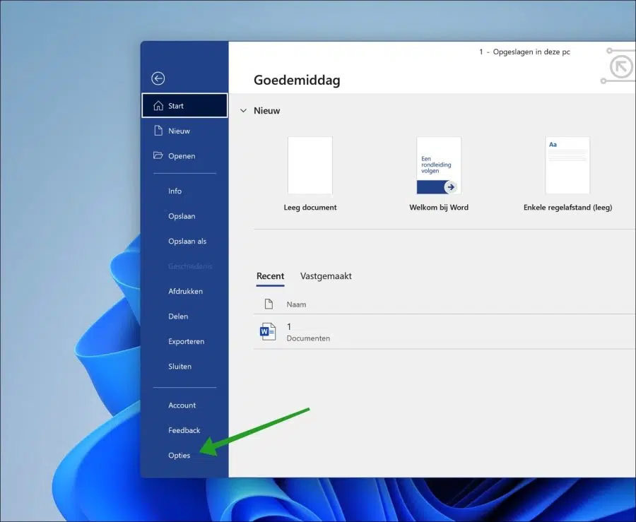 Microsoft Word opties