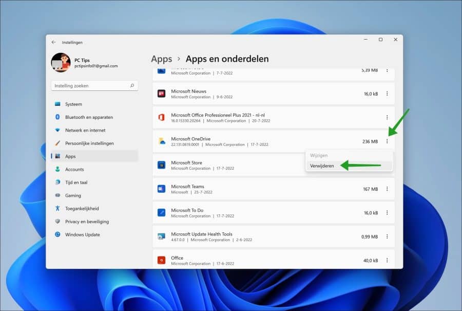 Niet gebruikte apps verwijderen om schijfruimte vrij te maken