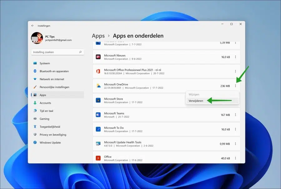 Niet gebruikte apps verwijderen om schijfruimte vrij te maken