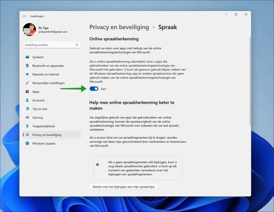 Online spraakherkenning inschakelen of uitschakelen in Windows 11