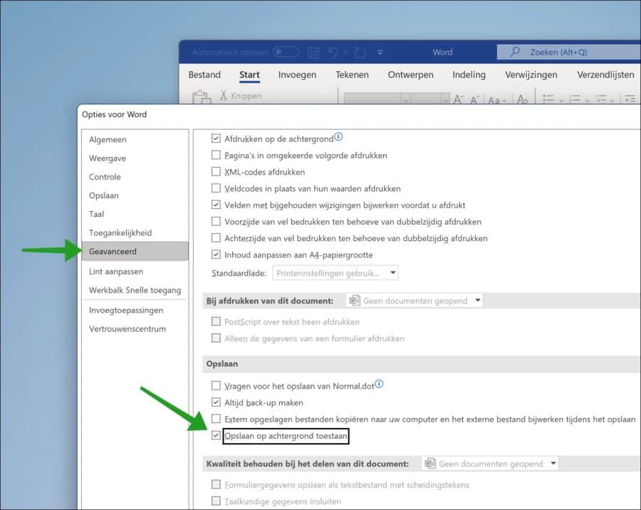 Opslaan op achtergrond toestaan in microsoft word