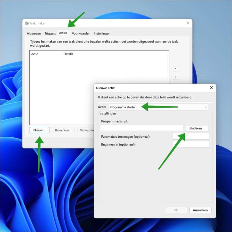 Programma starten actie aanmaken via taakbeheer
