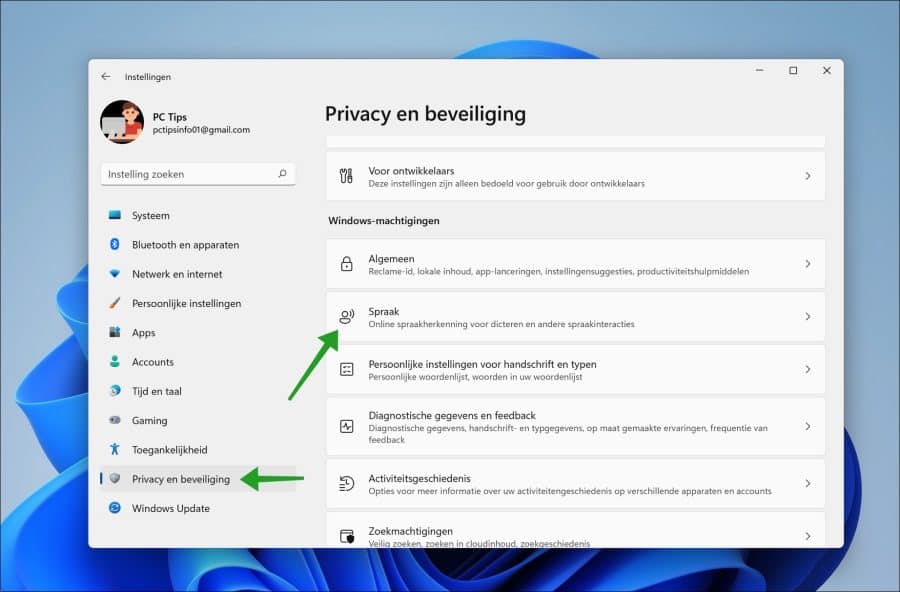 Spraak instellingen openen in Windows 11