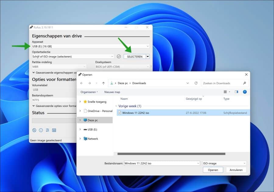 Windows 11 22h2 iso bestand selecteren in rufus