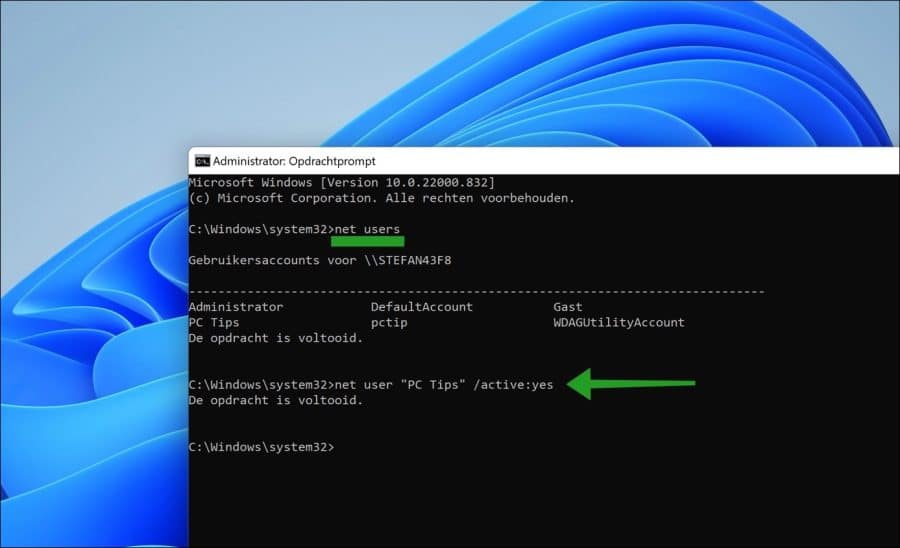 net user active yes
