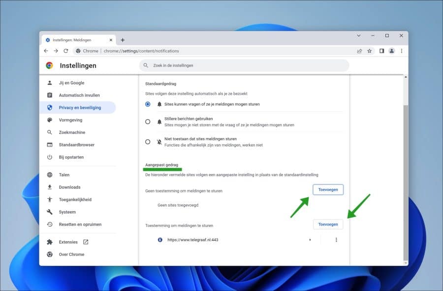 Aangepast gedrag voor melding in Google Chrome