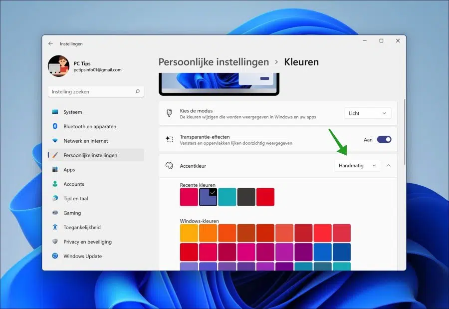 Accentkleur instellen op handmatig